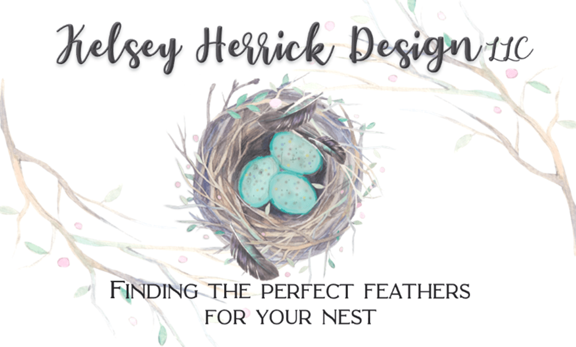 kelsey herrick design logo of a feathered nest and it says finding feathers for your nest